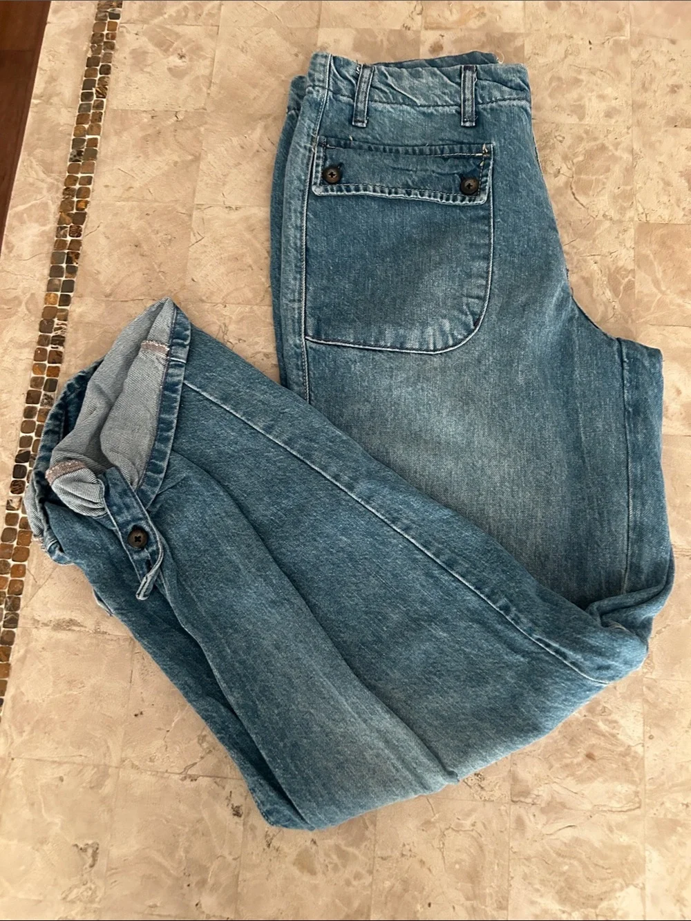 Free People Rory Slim Straight Jeans Seamed Button Pockets Tab Cuff Hems Size 28